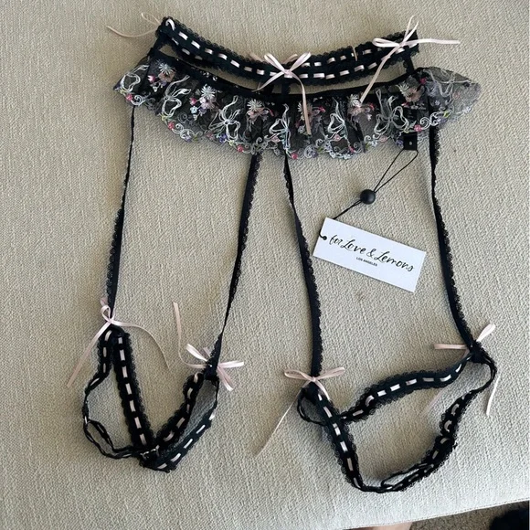 For Love And Lemons Black and Pink Lace Garter Belt set